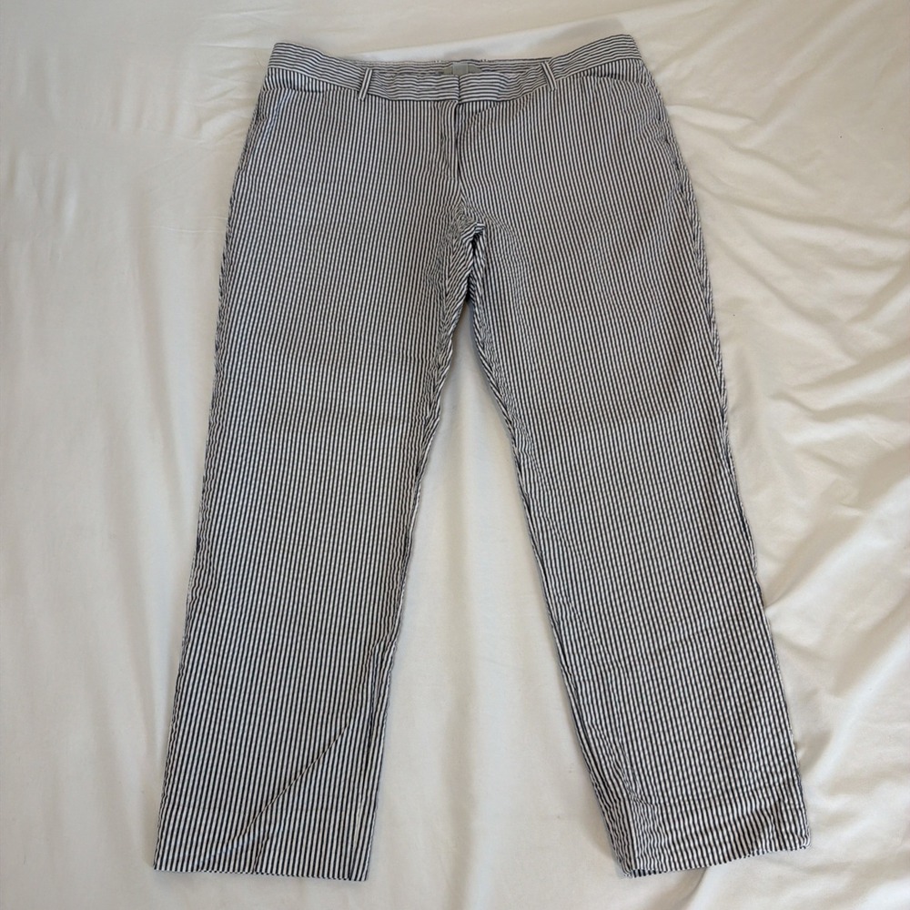 Gap Slim Cropped Pants Womens 12 Blue White Striped Seersucker Flat Front Cotton